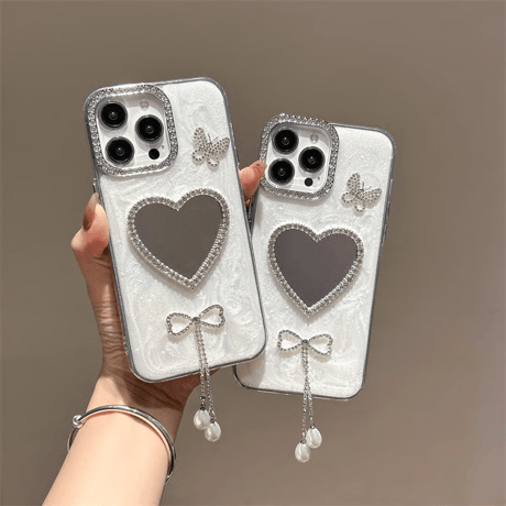 CUTECASE ジュエリーリボンフリンジ iPhone17/16proケース ハート型ミラー iPhone15pro/14/SEカバー 蝶 ストラップCM5608
