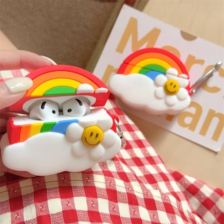 CUTECASE虹/笑顔の花 Airpods4ケース 可愛い AirpodsPro2ケース airpods3/2カバー リング付き ギフトにおすすめ シリコンCM5451