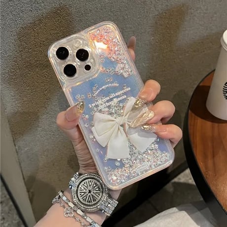 CUTECASE 動くダイヤ入り iPhone17Promaxケース リボン柄 アイフォン16/15promax/14/13/12/11カバー 女子力高い ギフトにおすすめCM5772