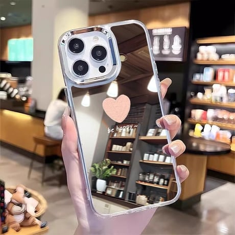 CUTECASEインスタ人気 鏡iPhone16pro/16plusケース be happyピンクハート柄 iPhone15promax/14/SEカバー 頑丈 メイク直しに便利CM5452