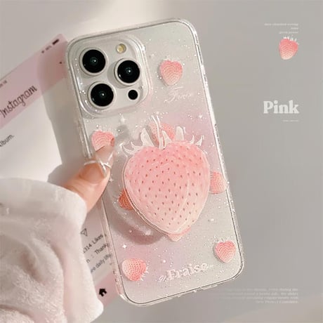 CUTECASEイチゴ iPhone15/15proケース ピンクストロベリーグリップ iPhone14/13pro/12proケース 可愛いCM4430