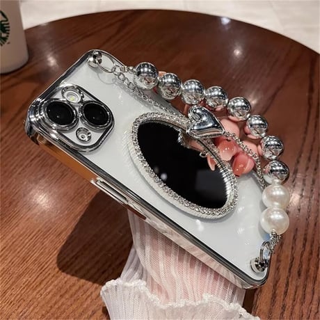 CUTECASEオシャレ 鏡付 iPhone15pro/15promaxケース パールチェーン付 アイフォン14プロ/13/12カバー 豪華 ギフトに最適 CM4475