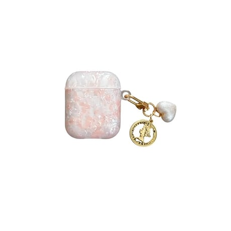 CUTECASE ピンクシェル柄 Airpods4ケース ハートキーチェーン付 AirpodsPro2ケース airpods3/2カバー かわいい 女子力高い 艶感 CM5313