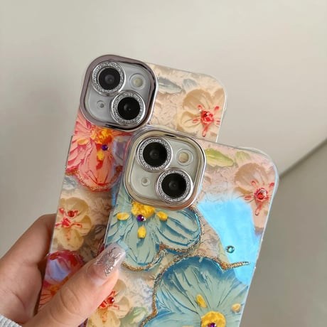 CUTECASE 花柄 アイフォン15/15proケース キラキラレンズフイルム付き iPhone14/13pro/12カバー 高級感たっぷり CM4083