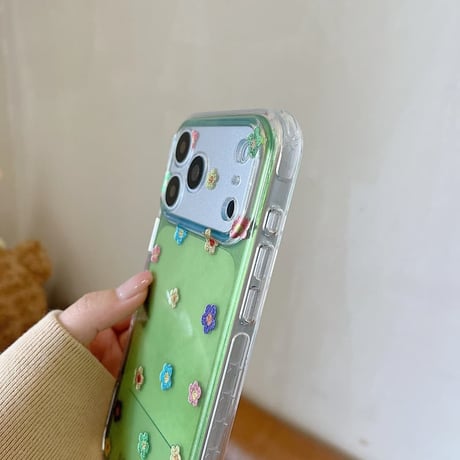 CUTECASE グリーン iPhone17pro/17ケース キラキラ花柄 iPhone16promax/15pro/14ケース 花ストラップ きれいCM6250