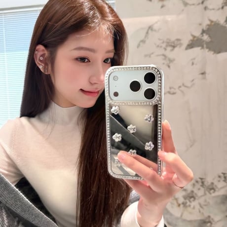 CUTECASE 花デコミラー iPhone17pro/17ケース ジュエリーライン iPhone16promax/15proケース 毛玉ストラップ 女子力高いCM6017