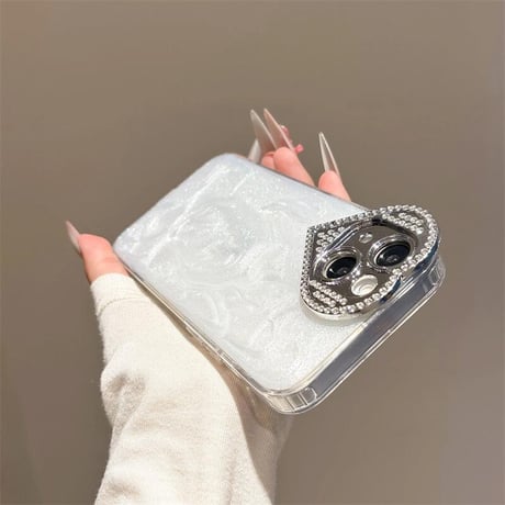CUTECASEハート型カメラ保護 iPhone16/16Proケース ジュエリーデコ iPhone15/14pro/13カバー グリッター入り 大人可愛い CM5311