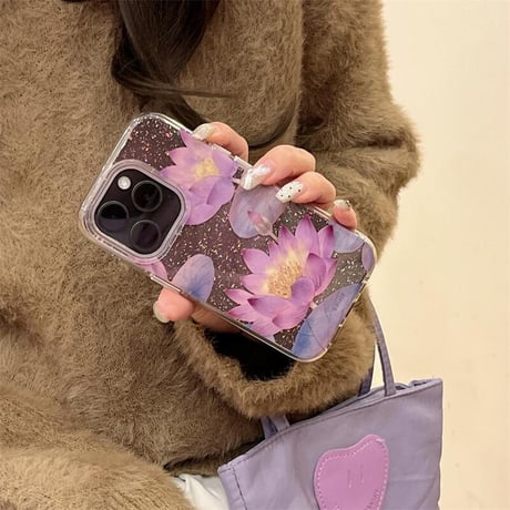 CUTECASE蓮の花 iphone16/16proカバー 綺麗ストラップ付 iphone15/14pro/13ケース 女子力アップ 耐久性あるCM4946