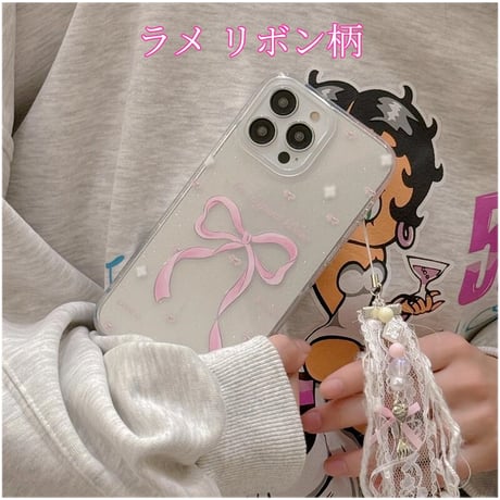 CUTECASEラメ リボン柄 iPhone15/15proケース レーストラップ付 iPhone14/13pro/12ケース かわいい きれい キラキラ 人気CM4017