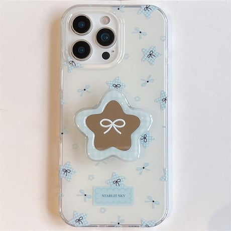CUTECASEミラーグリップ iPhone16pro/16ケース リボン柄 iphone15pro/14/13promaxカバー 可愛い 淡色CM5485