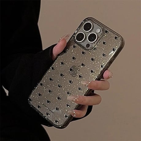 CUTECASE ブラックハート柄 iPhone16pro/16カバー キラキララメ iPhone15promax/14/13ケース 透明 シック おしゃれ CM5463
