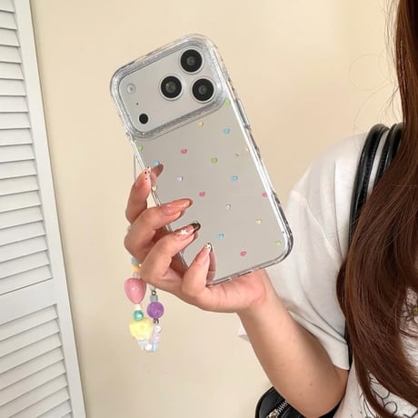 CUTECASE カラーハート柄 iPhone17pro/17カバー ミラー iPhone16/15pro/14ケース 可愛いストラップ 春夏向けCM6221