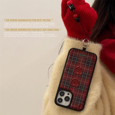 CUTECASEハートボタン iPhone16/16Proケース チェック柄 ストラップ アイフォン15プロ/14/13proカバー 可愛い レッド トレンドファッション CM4982