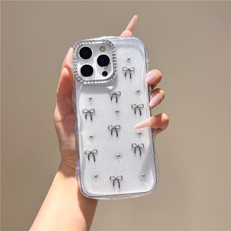 CUTECASEメタルリボン iPhone17Promaxケース うねうねライン ジュエリー iPhone16Promax/15Pro/14Pro/13ケース 透明 甘め CM6404