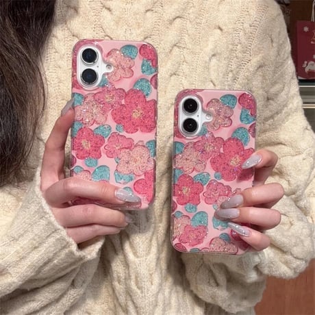 CUTECASEラメ花柄 iphone16/16proケース おしゃれ ピンク iphone15pro/14/13proケース 可愛い 女子力高い CM5023