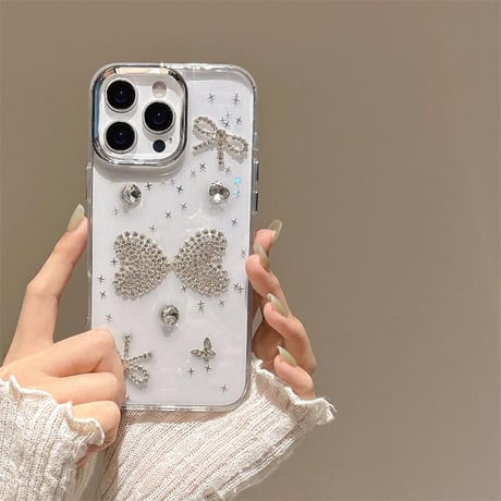CUTECASEダイヤリボン iPhone16pro/16ケース 透明 キラキラ iPhone15plus/14/13pro/12カバー 大人可愛い ハンドメイドCM5459