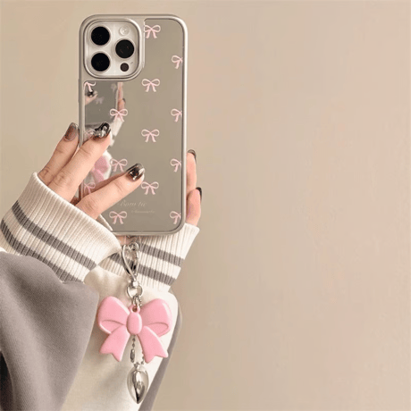 CUTECASEリボン ミラーiPhone16Pro/16ケース リボンキーチェーン iPhone15Pro/14/13proカバー 大人可愛い 高級感 CM5216