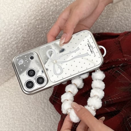 CUTECASE リボン柄ミラー iPhone17pro/17ケース パールデコ 水玉模様 iPhone16/15proケース 可愛い毛玉ストラップ 女子力高いCM6055