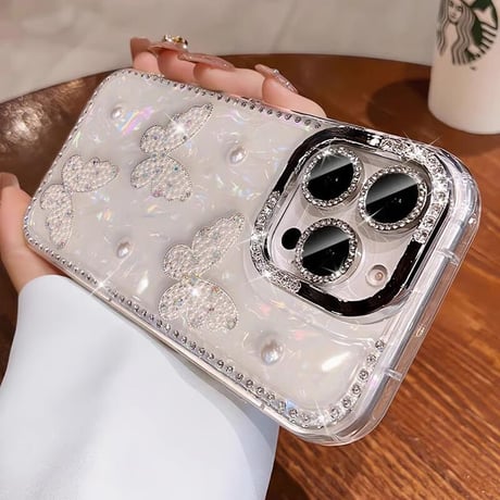 CUTECASE 高級感蝶々 iPhone16Pro/16ケース ジュエリー/パール iPhone15promax/14/13カバー シェル柄 キラキラ CM5488