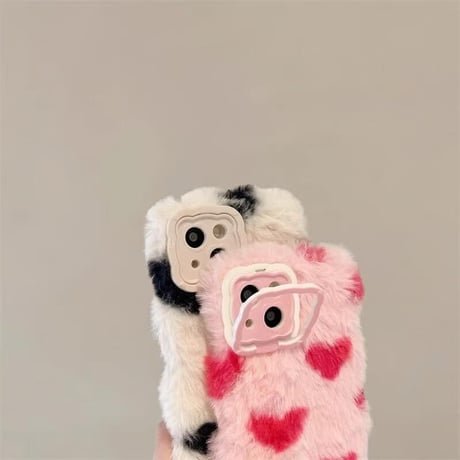 CUTECASEハート柄 ファー iPhone16/16Proケース スタンド付 iPhone15pro/14pro/13カバー ふもふも 柔らかい 秋冬に流行る CM4925