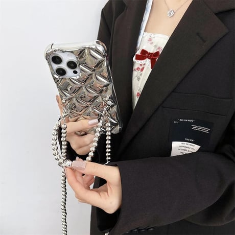 CUTECASEショルダー付 iPhone15pro/15plusケース 菱形 シルバー iPhone14promax/13mini/12proカバー 艶感 CM4489