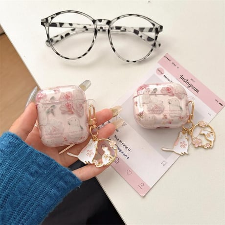 CUTECASE春夏におすすめ Airpods4ケース 花柄/兎 Airpods3/Pro2ケース airpodspro2カバー キーチェーン付 女子力高い ピンクCM5146