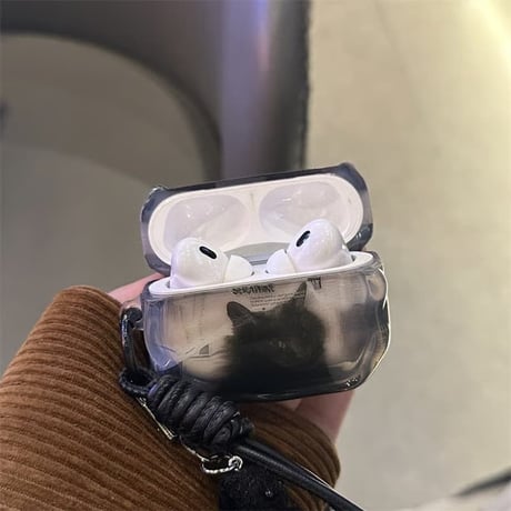CUTECASE クール猫 AirpodsPro3ケース ブラック Airpods4/3カバー pro2/pro1 リング/ストラップ付 カッコイイCM5990
