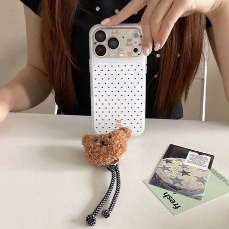 CUTECASE 熊ぬいぐるみキーホルダー iPhone17Pro/17ケース 水玉模様 iPhone16Pro/15ケース 2層構造 耐衝撃CM6397