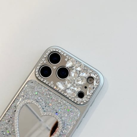 CUTECASE ハート型ミラーリングスタンド iPhone17Pro/17ケース ダイヤデコ iPhone16Pro/15/14ケース キラキラ感 可愛い 美しいCM6267