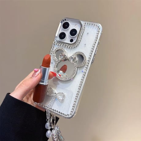 CUTECASEダイヤリボン鏡 アイフォン16/16プロケース ジュエリーデコ iPhone15pro/14/13proカバー 大人可愛い パールストラップ 高級感CM5482