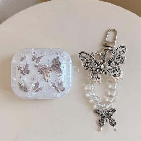 CUTECASE シェル風蝶柄 Airpods Pro3ケース 蝶キーホルダー Airpods 4/3カバーケース AirpodsPro2/1 おしゃれ高級感 CM6224