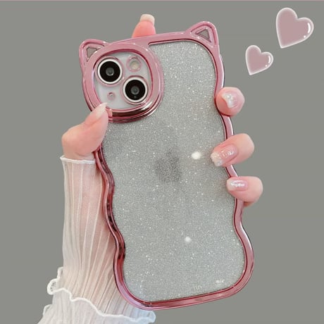 CUTECASE 猫の耳iPhone17Promaxケースラメ入りシール付き アイフォン16/15pro/14/13カバー オシャレ 可愛いうねうね メッキ CM2403