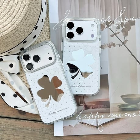 CUTECASE クローバーミラー iPhone17Pro/17ケース ホワイト iPhone16/15Pro/14ケース メイク直しに便利 お洒落 CM6275