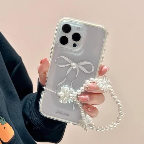 CUTECASE立体パールデコリボン iPhone16Pro/16ケース パールストラップ iPhone15Pro/14/13proカバー 大人可愛い 高級感 CM5205