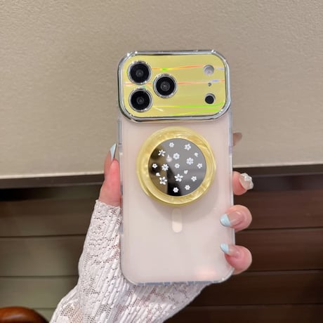 CUTECASE 花柄ミラーグリップ iPhone17Promaxケース MagSafe対応 iPhone17Pro/16Promax/15pro/14ProMaxケース 光る カメラ保護CM6410