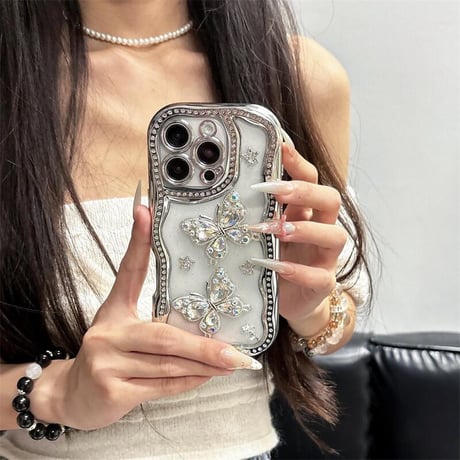 CUTECASEダイヤ蝶 iPhone16pro/16カバー ジュエリーライン iPhone15pro/14/13promaxケース 上品 大人可愛い うねうね CM5364