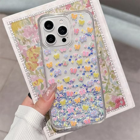 CUTECASE動く液体 iPhone16/16proケース 蝶々 キラキラグリッター入り iPhone14/13pro/12カバー 大人可愛い 夏に人気 人気CM5250