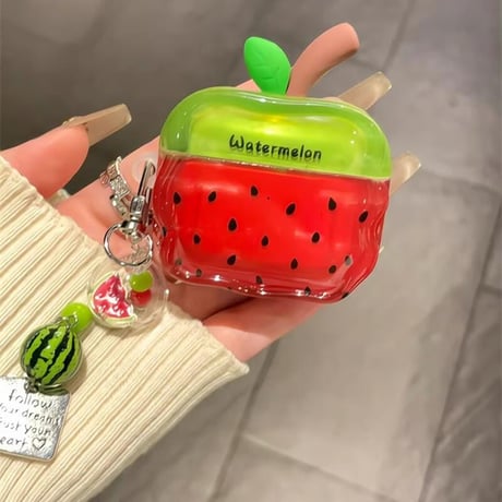 CUTECASEスイカ Airpods4ケース 夏向け AirpodsPro2ケース airpods3/2カバー かわいい キーチェーン付 艶感 CM5309