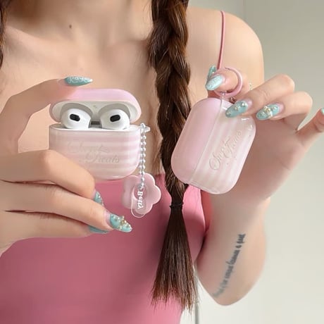 CUTECASE ピンク Airpods Pro3ケース 縞模様 Airpods4/3カバー pro2/pro1 リング/花キーホルダー かわいいCM6539
