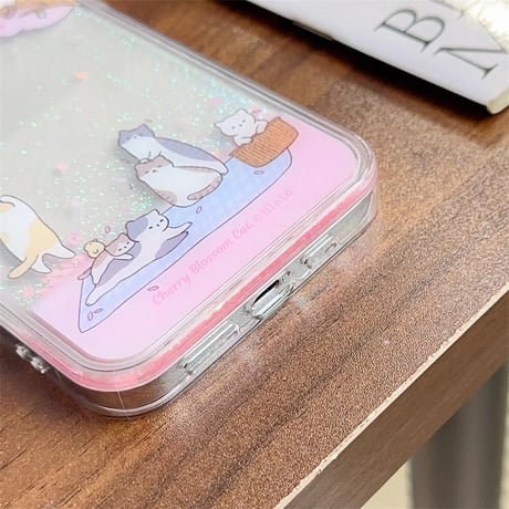 CUTECASE お花見猫 iPhone15/15proケース 動くグリッター入り iPhone14/13pro/12クリアケース ピンク 綺麗CM4412