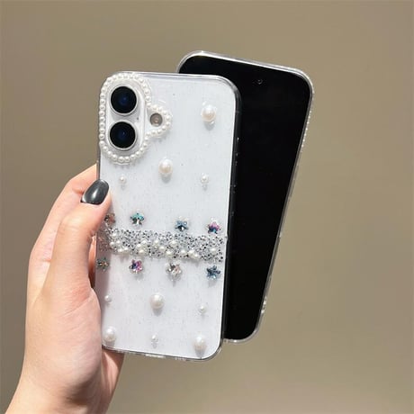 CUTECASEハンドメイド iPhone16plus/16proケース パール/ダイヤデコ iPhone15/14/13promaxカバー 高透明 かわいい 女子力高い CM5360