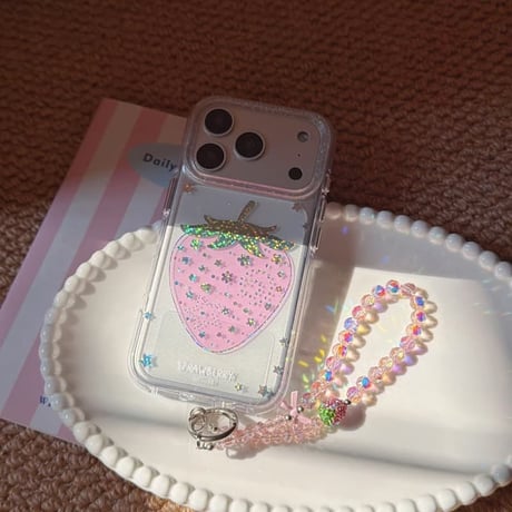 CUTECASE ダイヤストロベリー iPhone17pro/17ケース キラキラ感 iPhone16promax/15proケース オシャレストラップ 女子力高いCM5978