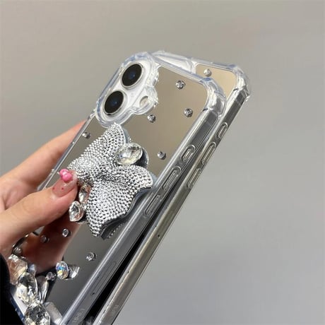 CUTECASE ダイヤリボン鏡 iPhone17/17Proケース キラキラ 豪華 iPhone16pro/15plus/14カバー 四角耐衝撃 CM5554