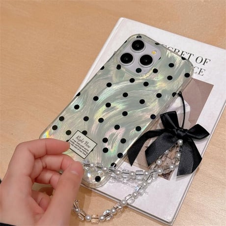 CUTECASE水玉模様 iPhone15/15proケース リボンストラップ付 iPhone14/13pro/12proカバー かわいい キラキラ 女子力UP CM4004