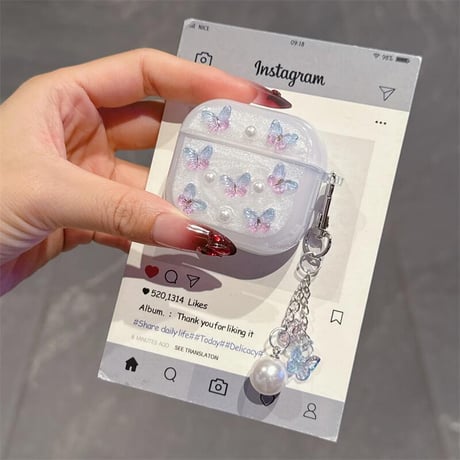 CUTECASE かわいい蝶々 Airpods 4ケース パールキーホルダー付 かわいい Airpods3/Pro2ケース airpodsproカバー 頑丈 このシリーズにおすすめCM5272