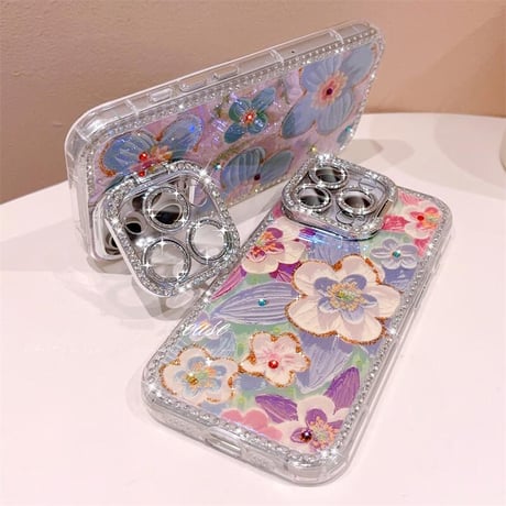CUTECASE ジュエリーカメラカバースタンド iPhone17/16Proケース 油絵花柄 iPhone15pro/14/13カバー 綺麗 多機能便利CM5586