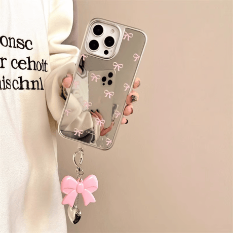 CUTECASEリボン ミラーiPhone16Pro/16ケース リボンキーチェーン iPhone15Pro/14/13proカバー 大人可愛い 高級感 CM5216