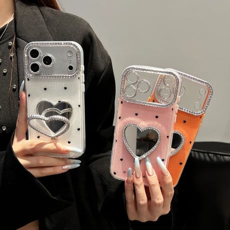 CUTECASE ミラーリングスタンド付 iPhone17Pro/17ケース カメラカバー付き iPhone16Pro/15/14ケース ハート柄 2層構造CM6256