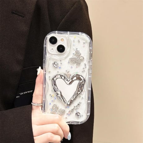 CUTECASEハートミラー iPhone15/15proケース キラキラ蝶 アイフォン14/13pro/12ケース 女子力アップ うねうねCM4529