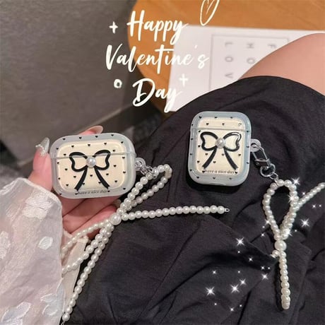 CUTECASE オシャレ Airpods4ケースカバー リボン AirpodsPro2ケース airpods3/2ケース パールキーチェン ギフトにおすすめCM5541